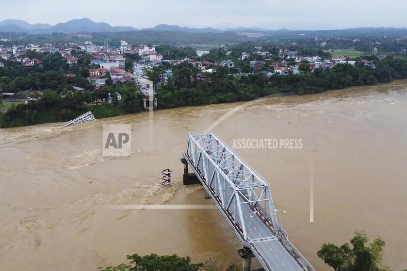 A bridge collapse due to floods triggered by typhoon Yagi in Phu Tho province, Vietnam on Monday, Sept. 9, 2024 (Bui Van Lanh/ VNA via AP)