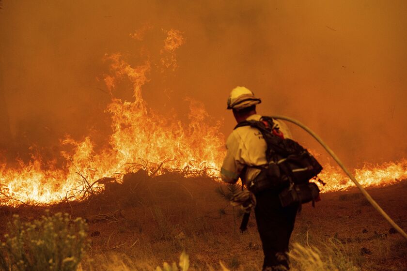 A firefighter battles the Caldor Fire along Highway 89, Tuesday, Aug. 31, 2021, near South Lake Tahoe, Calif. (AP Photo/Noah Berger)