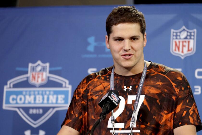 Texas A&M; offensive lineman Luke Joeckel addresses the media during a news conference at the NFL combine in February.