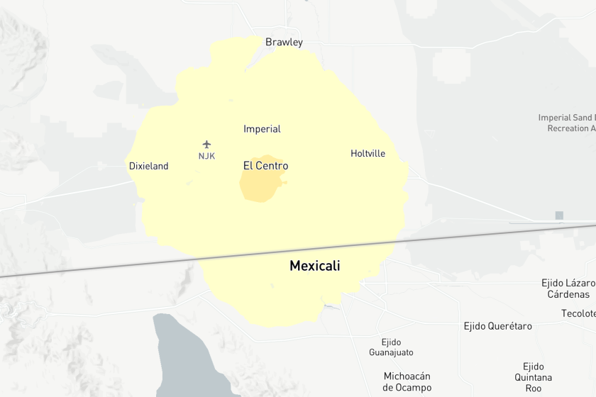 Map shows areas where shaking was felt during an earthquake centered in El Centro, Calif.