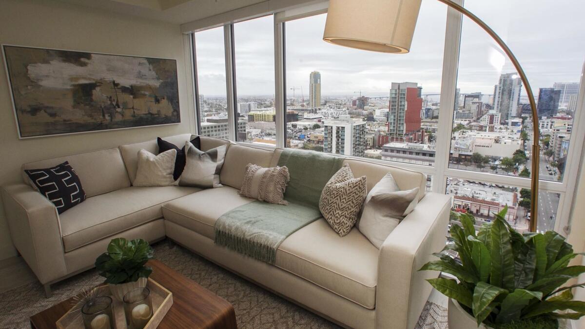 Living room from one of the two bedroom units with view to the south at The Rey Apartment building in downtown San Diego.