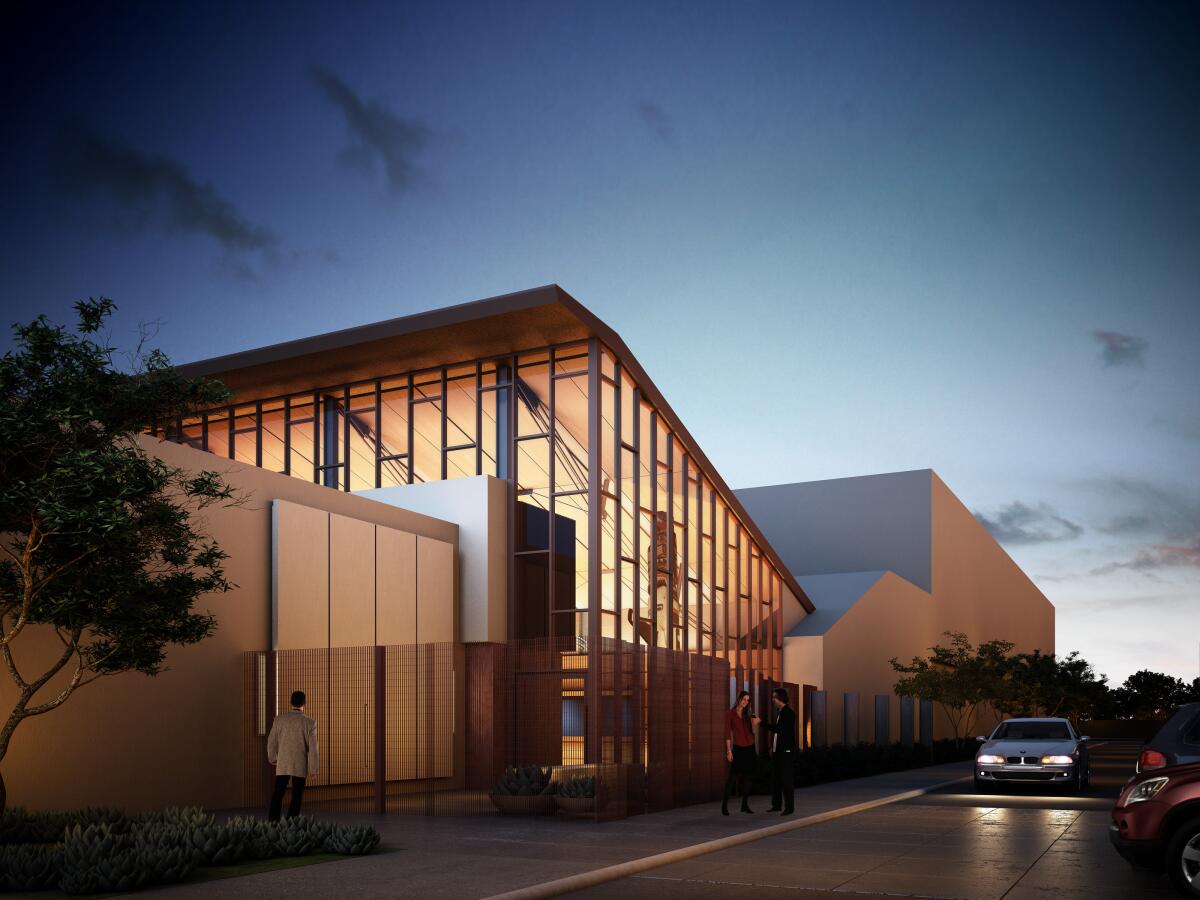 A rendering shows a building with a slanted roofline at dusk that is illuminated from within