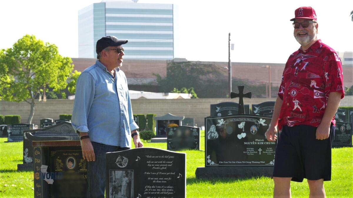 Chris Epting, left, and John Moorlach at Anaheim's Melrose Abbey Cemetery during a taping of "OC History Hunters."