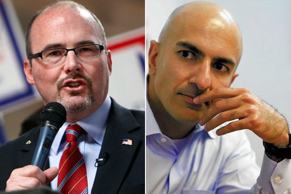 Neel Kashkari, right, announced his bid for California governor on Tuesday. The multimillionaire from Laguna Beach, who has never before held elective office, and conservative Tim Donnelly are the leading Republican candidates in the race to unseat Gov. Jerry Brown, a Democrat.