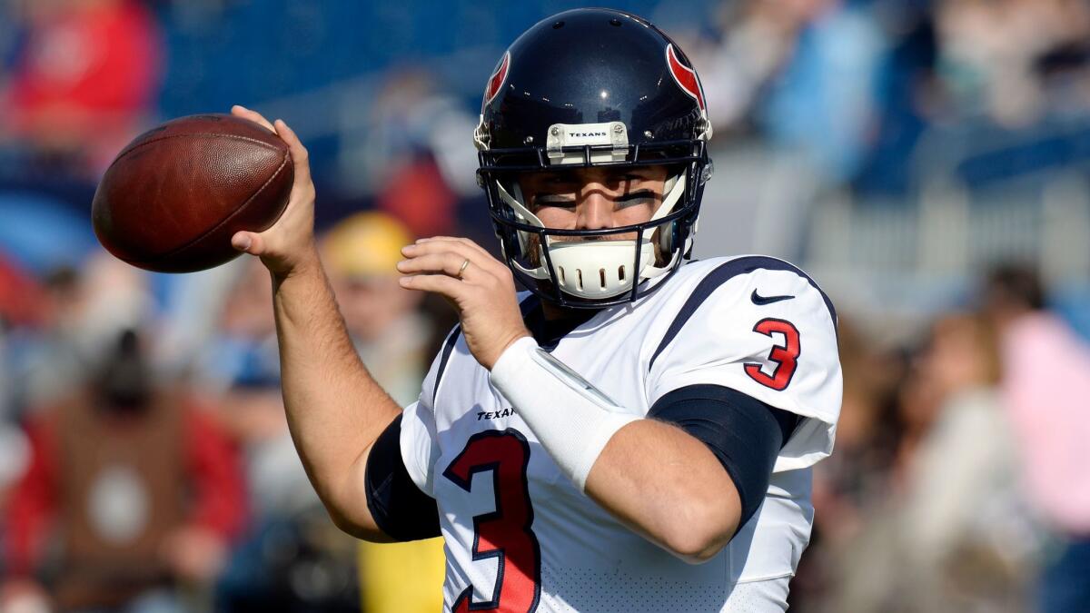 Houston Texans quarterback Tom Savage warms up before an NFL football game against the Tennessee Titans on Dec. 3 in Nashville, Tenn.