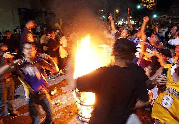 Lakers fans in fiery celebration