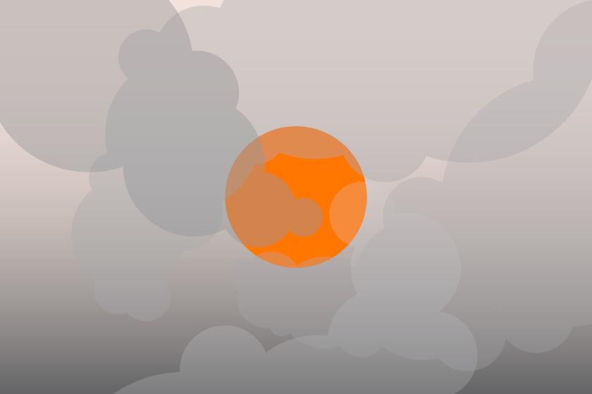 An orange circle is visible through grey clouds.