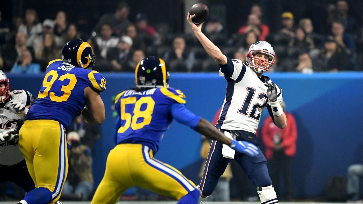 New England Patriots quarterback Tom Brady throws a pass against the Rams during Super Bowl LIII at Mercedes Benz Stadium in Atlanta.