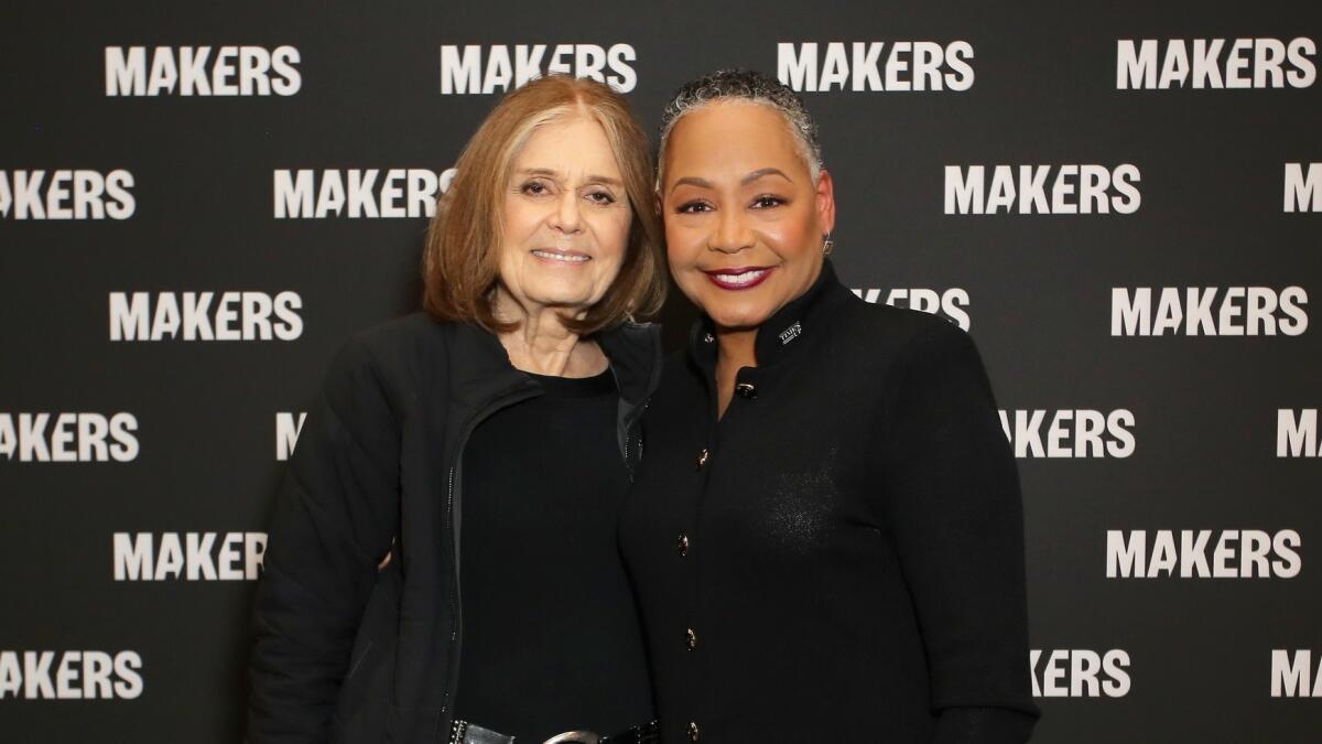 Gloria Steinem, left, with Lisa Borders at the Makers Conference in early February, shortly before Borders resigned from her post at Time's Up.