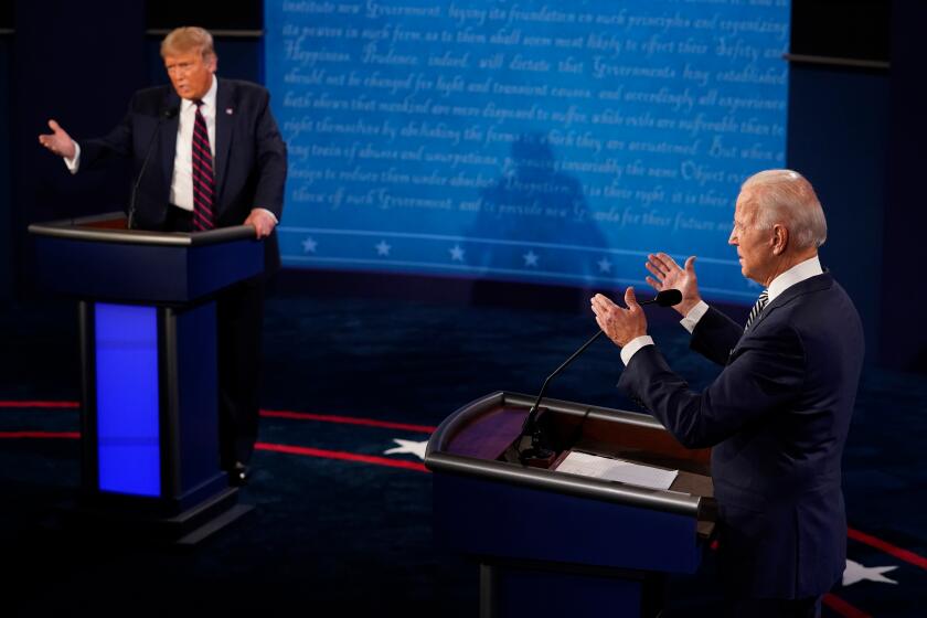 CLEVELAND, OHIO - SEPTEMBER 29: U.S. President Donald Trump and former Vice President and Democratic presidential nominee Joe Biden speak during the first presidential debate at the Health Education Campus of Case Western Reserve University on September 29, 2020 in Cleveland, Ohio. This is the first of three planned debates between the two candidates in the lead up to the election on November 3. (Photo by Morry Gash-Pool/Getty Images)