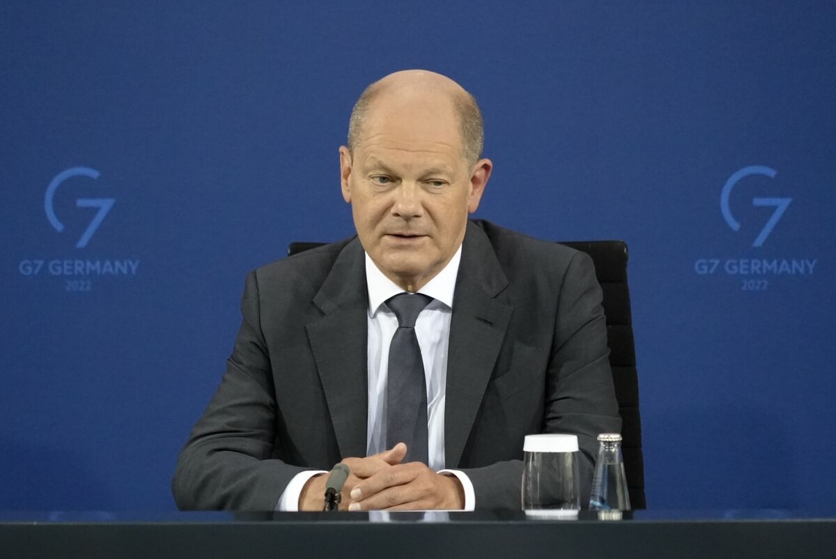 German Chancellor Olaf Scholz talks to members of the Association of Foreign Press, VAP, at the chancellery in Berlin, Germany, Wednesday, June 8, 2022. (AP Photo/Pietro De Christofaro)