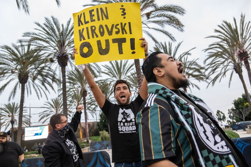 CARSON, CA - MARCH 18: Los Angeles Galaxy fans protest the Los Angeles Galaxy front office prior to the match against Vancouver Whitecaps at the Dignity Health Sports Park on on March 18, 2023 in Carson, California. The match ended in a 1-1 draw (Photo by Shaun Clark/Getty Images)