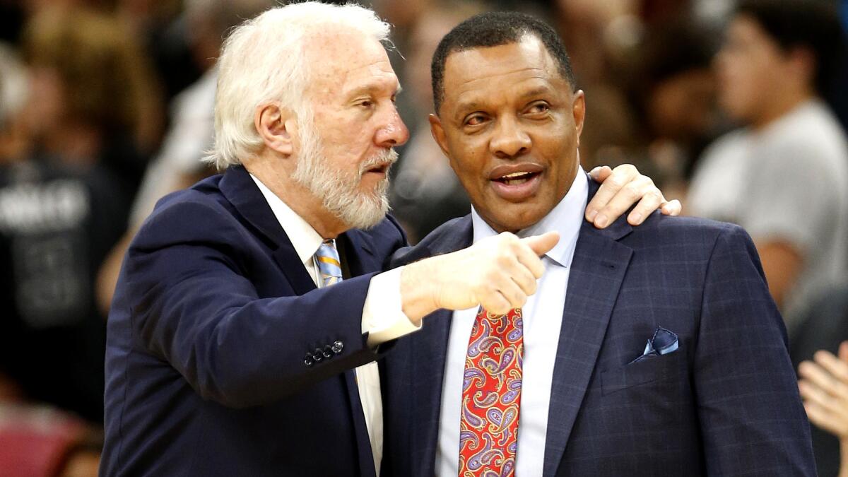 Spurs Coach Gregg Popovic talks to Pelicans Coach Alvin Gentry before a recent game.