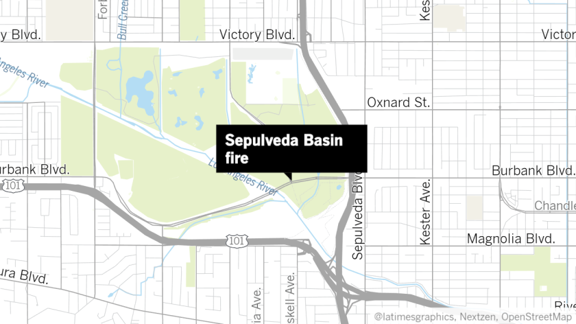 Brush fire burning in Sepulveda Basin in Los Angeles Los Angeles