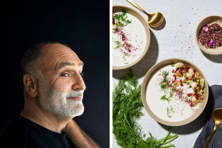 A diptych showing a portrait of Jose Andres on the left, and chilled yogurt soup on the right.