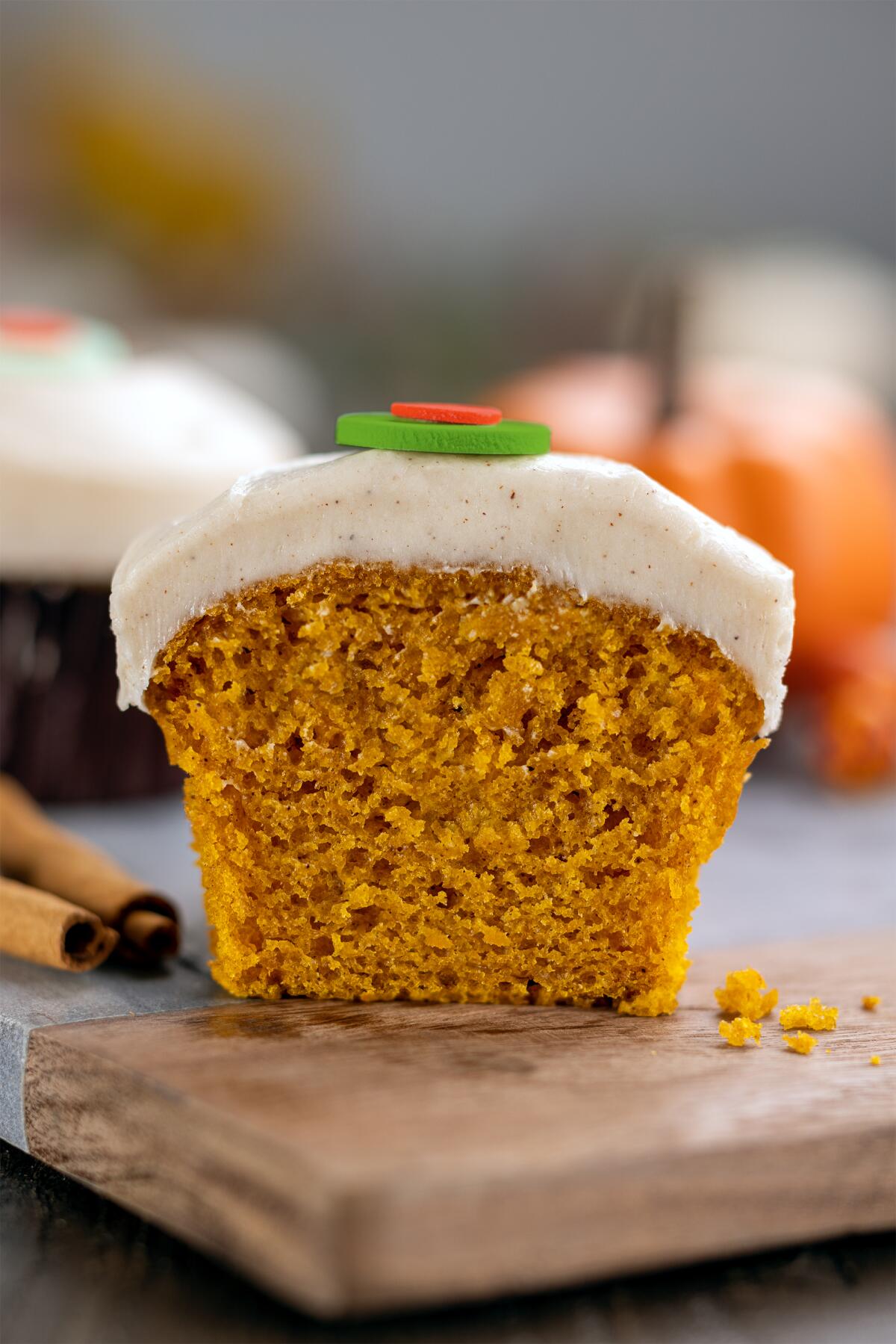 A pumpkin cupcake at Sprinkles, topped with cinnamon cream cheese frosting.