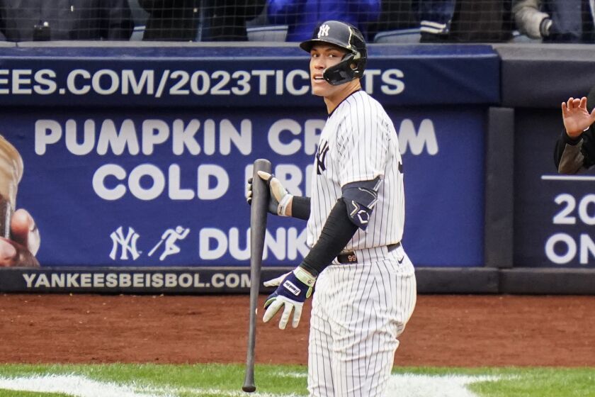 New York Yankees' Aaron Judge reacts after striking out during the seventh inning of a baseball game against the Baltimore Orioles, Sunday, Oct. 2, 2022, in New York. (AP Photo/Frank Franklin II)