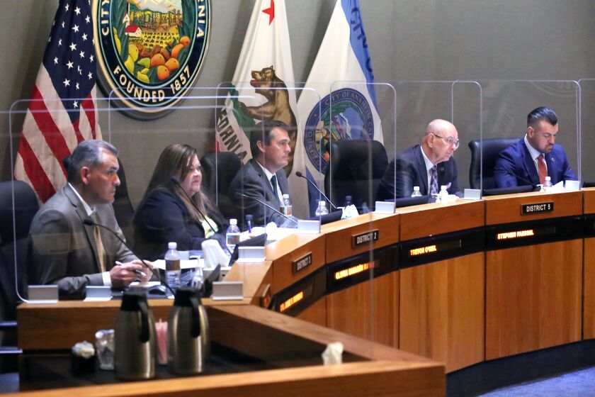 The Anaheim City Council, from left, Dr. Jose F Moreno, Gloria SahaGun Ma'ae, Trevor O'Neil, Stephen Faessel, and Avelino Valencia, during the Anaheim City Council meeting at the Anaheim City Hall in Anaheim on Tuesday, June 7, 2022. The Anaheim City Council agenda was to discuss and provide direction on an audit regarding former Mayor Harry Side's campaign contributions and also to discuss the alternatives with regard to the Mayoral vacancy. (Photo by James Carbone)