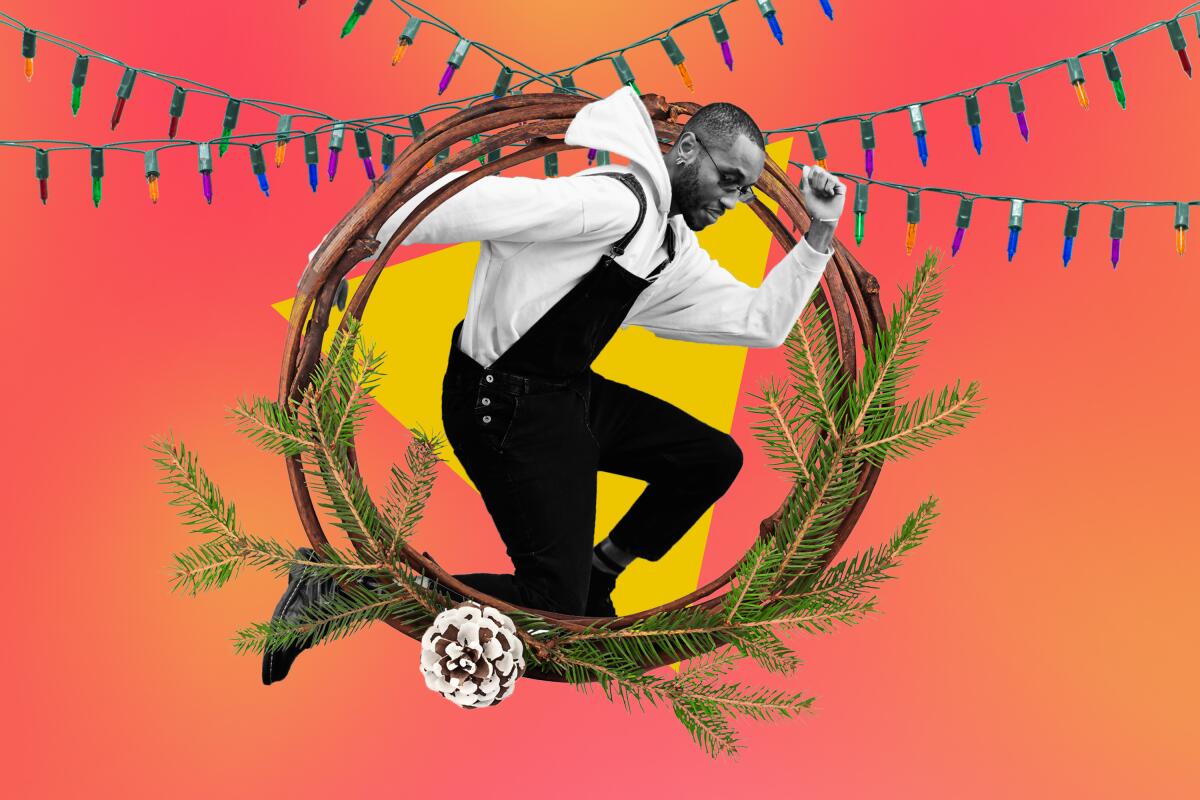 A photo illustration of a man jumping through a wreath.