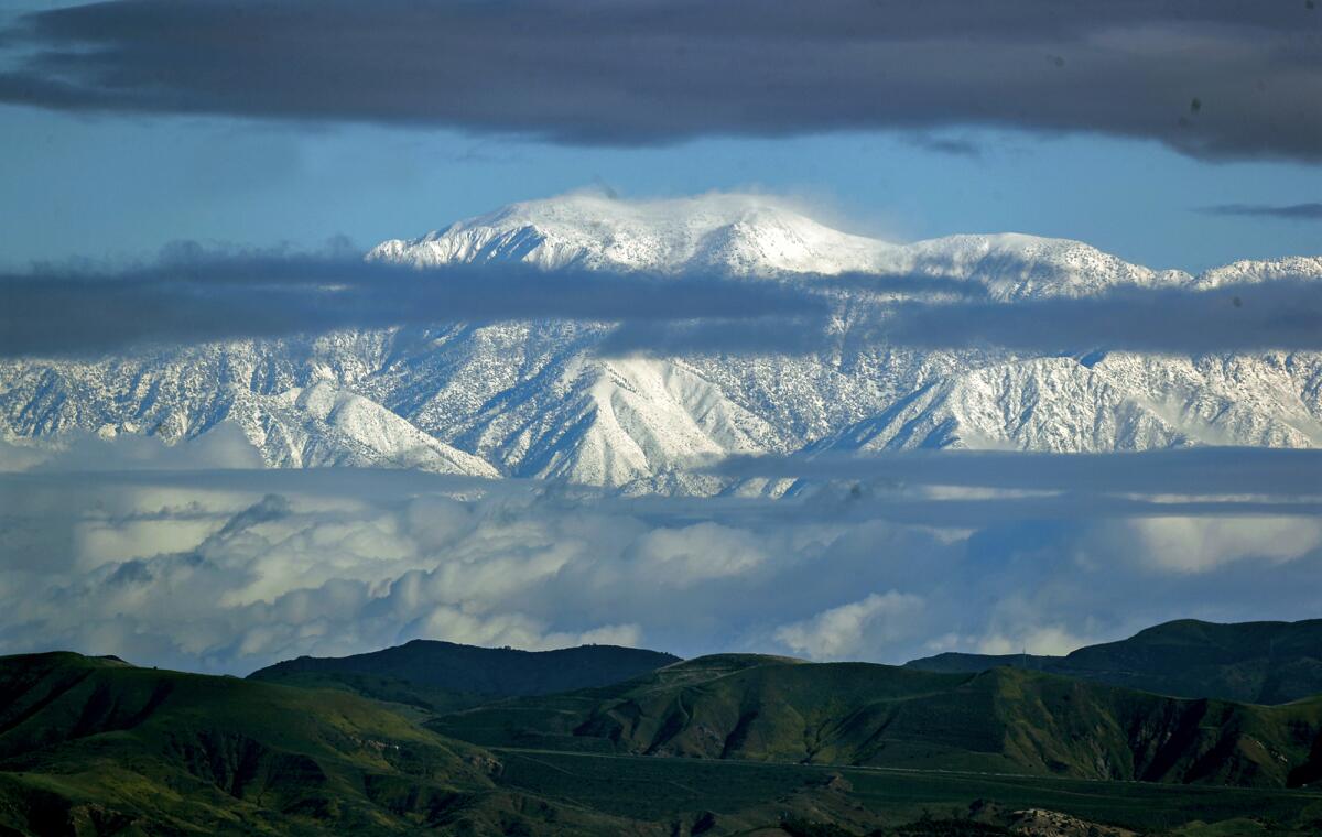 The mountains of the San Bernardino National Forest as seen from a view at Alta Laguna Park in Laguna Beach on Monday.