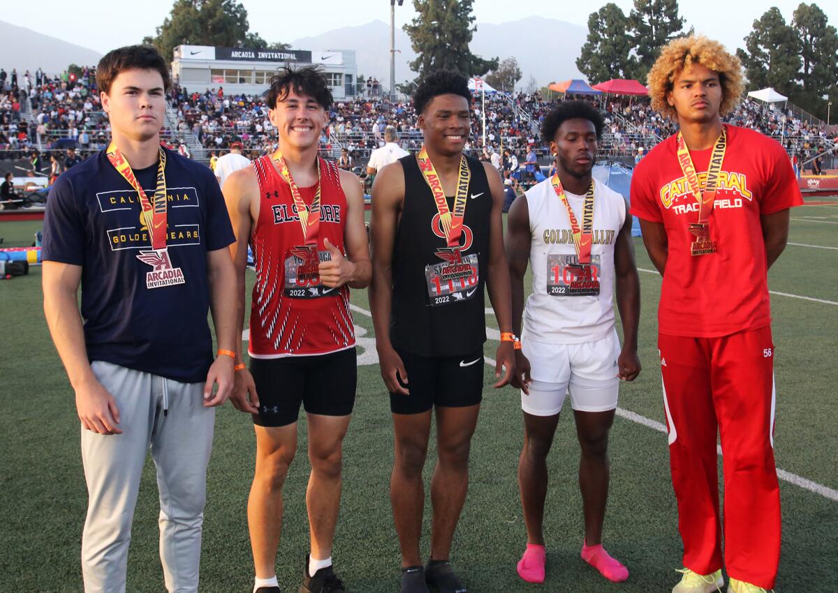 The top five finishers in the boys' long jump of the Arcadia Invitational.