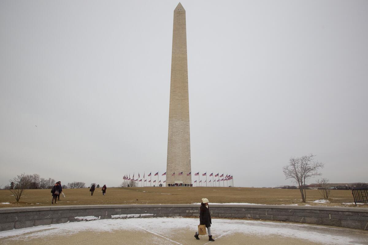 The Washington Monument on the National Mall on Feb. 16. Government surveyors have determined a new height for the monument that's nearly 10 inches shorter than what has been thought for more than 130 years.