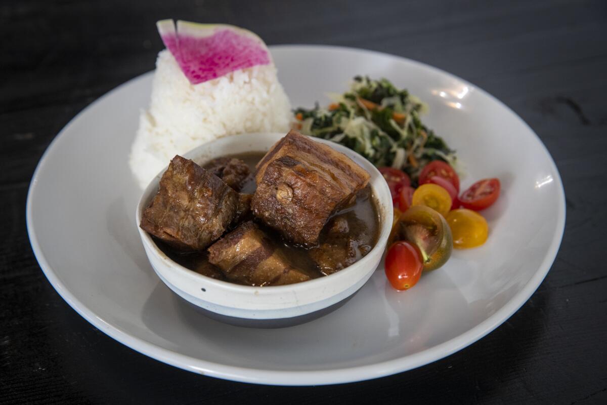 Twice-cooked pork belly adobo at Bebot Filipino Soul Food