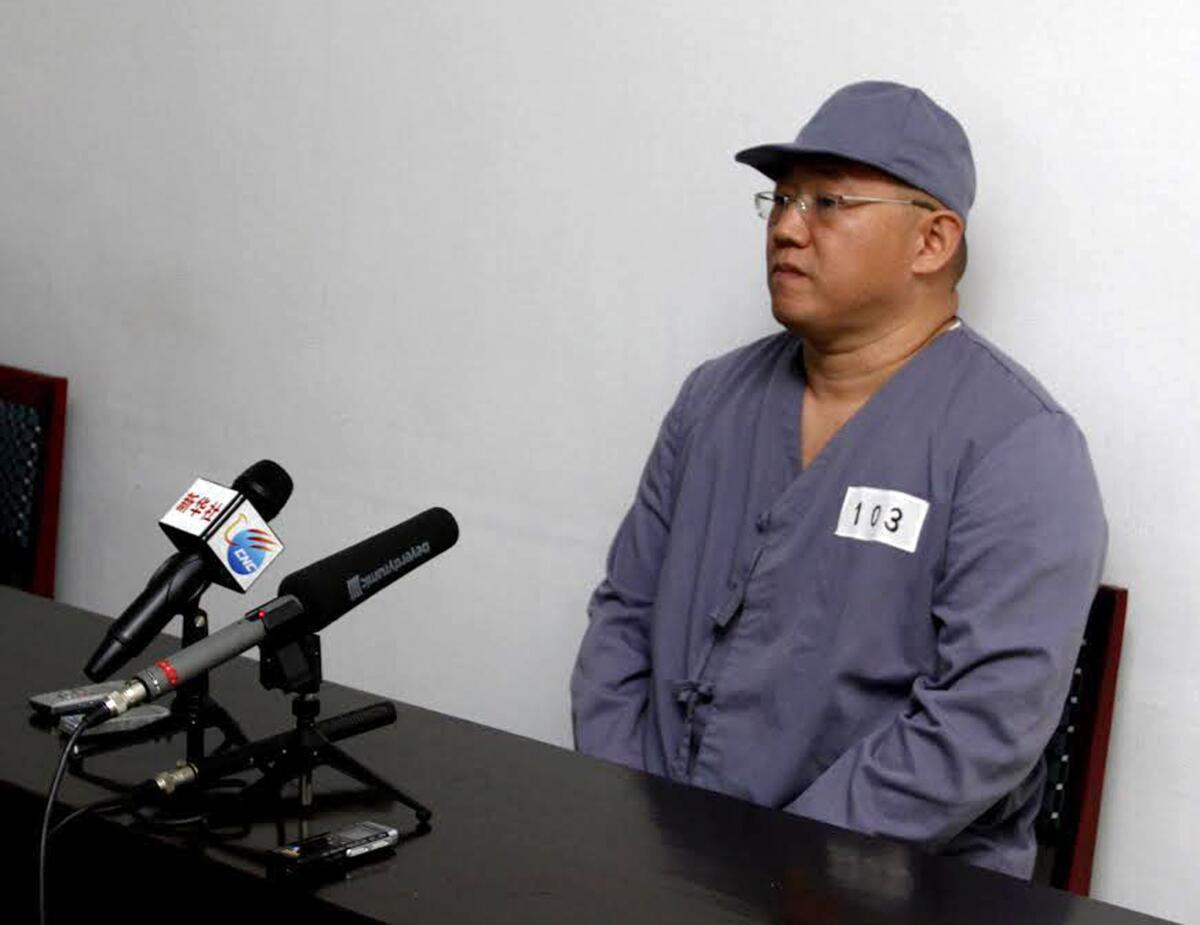 Korean American tour guide and evangelist Kenneth Bae speaks to reporters at a Pyongyang hospital in January.