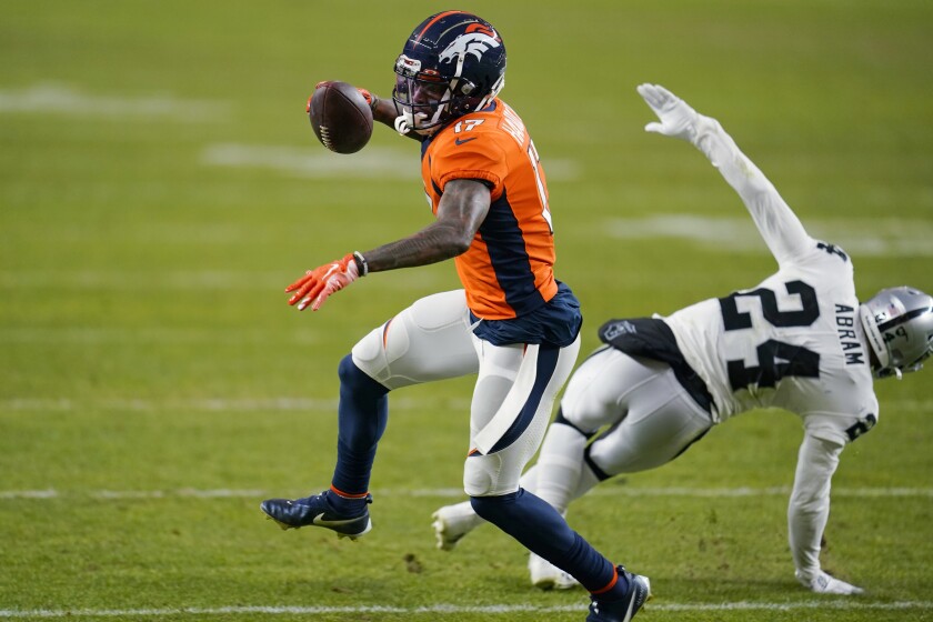 FILE - In this Jan. 3, 2021, file photo, Denver Broncos wide receiver DaeSean Hamilton (17) runs against the Las Vegas Raiders during the second half of an NFL football game in Denver. A person with knowledge of the details tells The Associated Press that Hamilton sustained a serious knee injury Friday, May 14, while working out on his own. The person, who spoke on condition of anonymity, said Hamilton is suspected to have torn an ACL, as first reported by NFL Network. (AP Photo/Jack Dempsey, File)