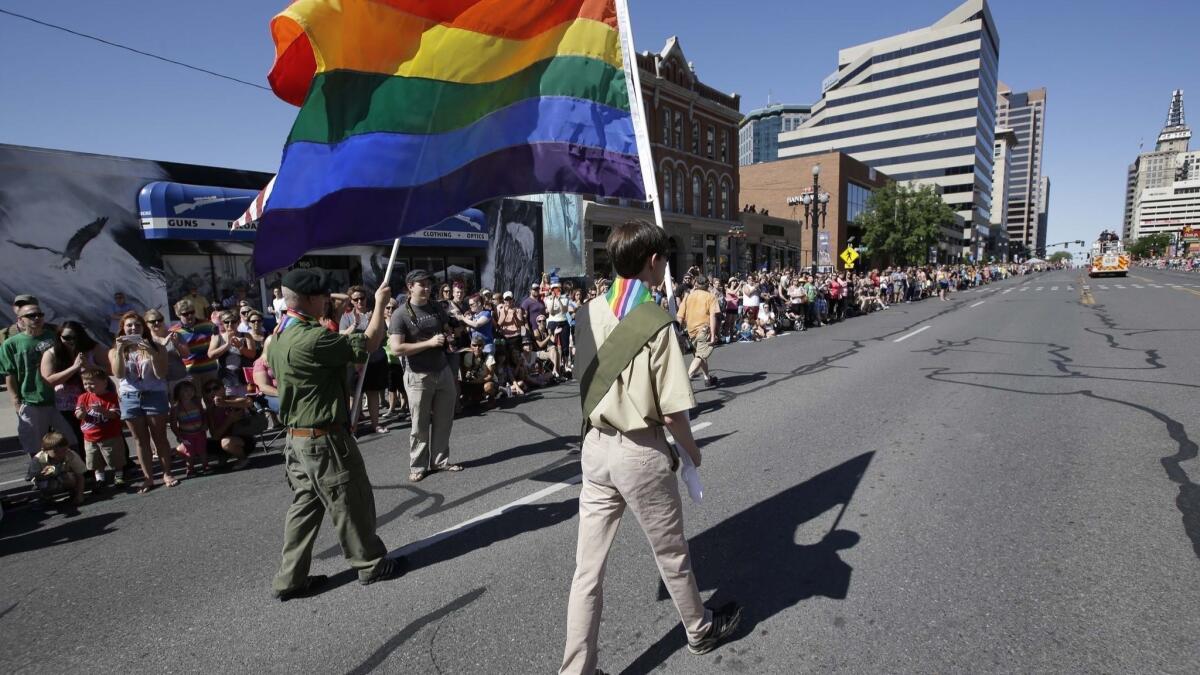 Boy Scouts march in an annual gay pride parade in Salt Lake City in 2014.