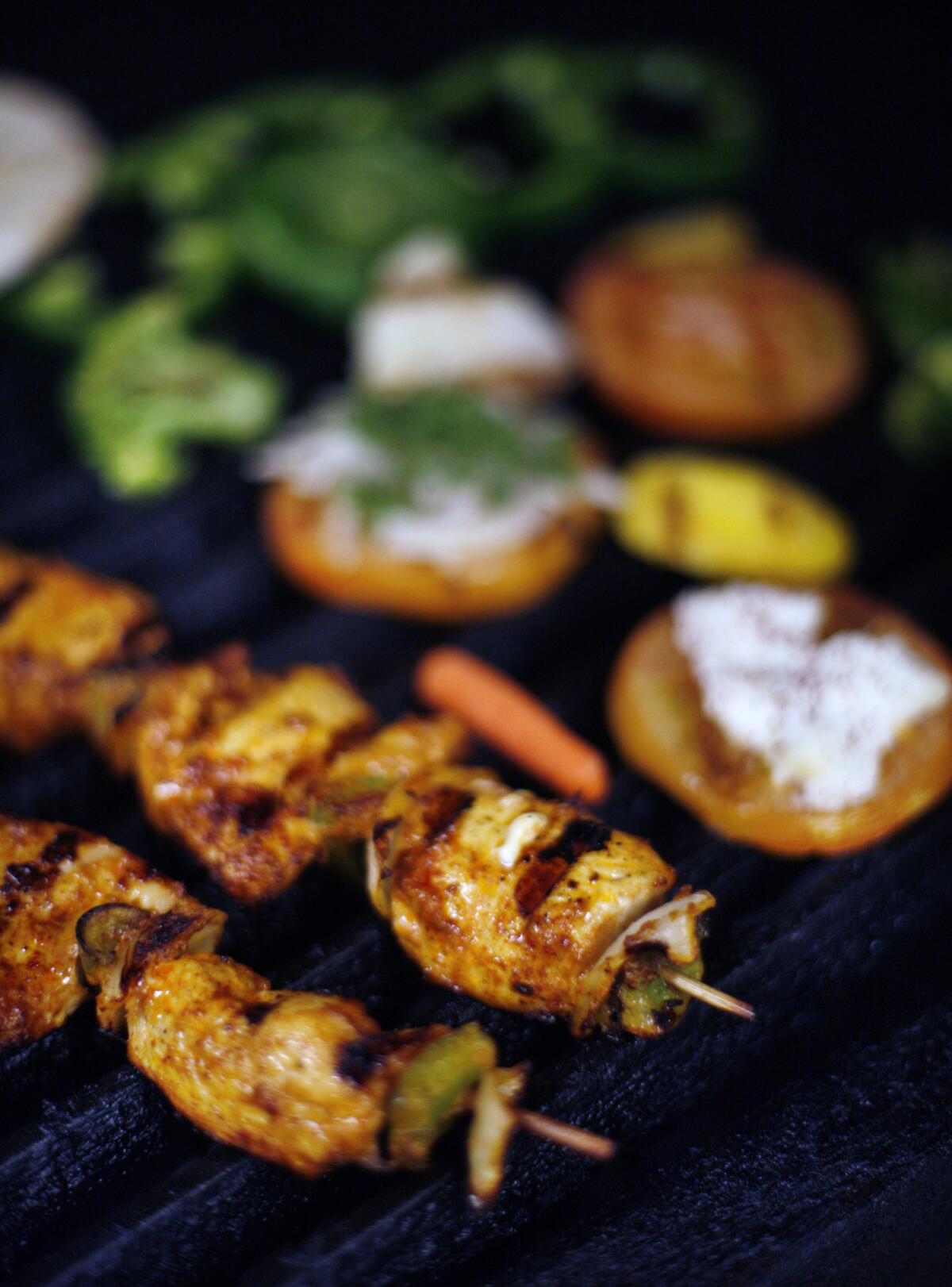 Chicken kebabs marinated in yogurt and spices.