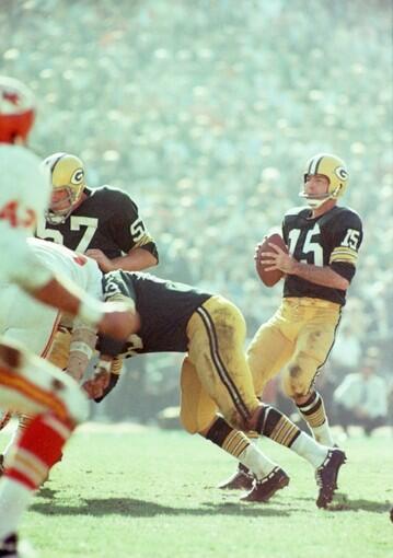 Green Bay Packers quarterback Bart Starr threw two touchdown passes in the Packers' 35-10 victory over the Kansas City Chiefs in Super Bowl I at the L.A. Coliseum on Jan. 15, 1967.