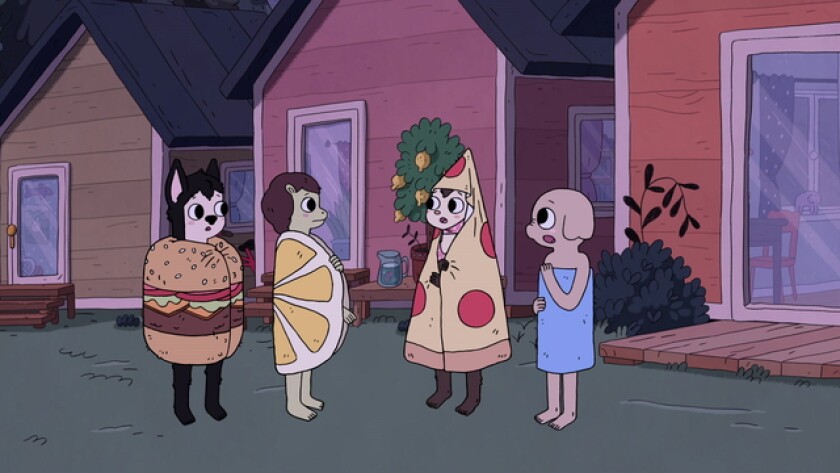 Four animated figures wearing food costumes