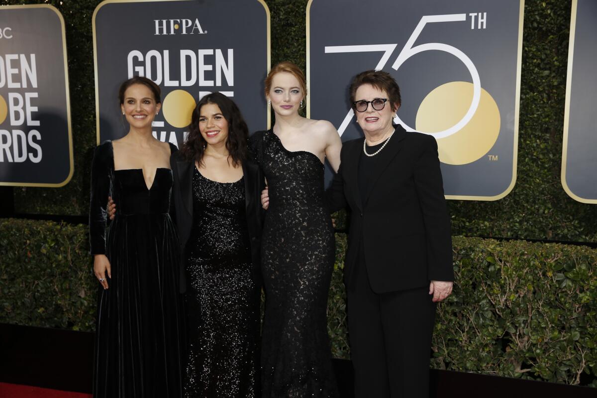 Natalie Portman, America Ferrera, Emma Stone and Billie Jean King at the Golden Globe Awards on Jan. 7..