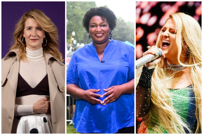 A photograph of Laura Dern, Stacey Abrams and Meghan Trainor.