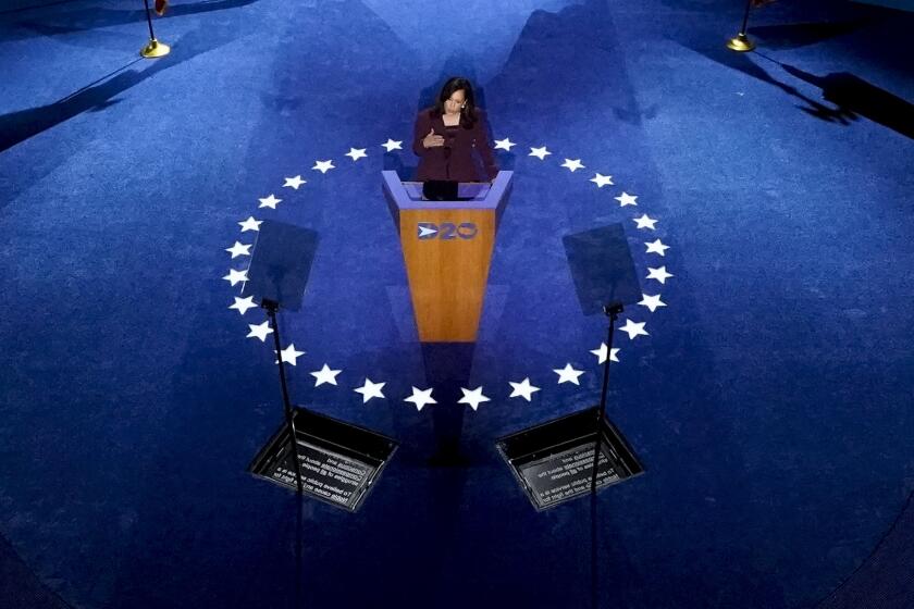 Democratic vice presidential candidate Sen. Kamala Harris speaks during the third day of the Democratic National Convention.