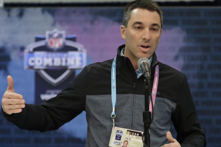 Los Angeles Chargers general manager Tom Telesco speaks during a press conference at the NFL football scouting combine in Indianapolis, Thursday, Feb. 28, 2019. (AP Photo/Michael Conroy)