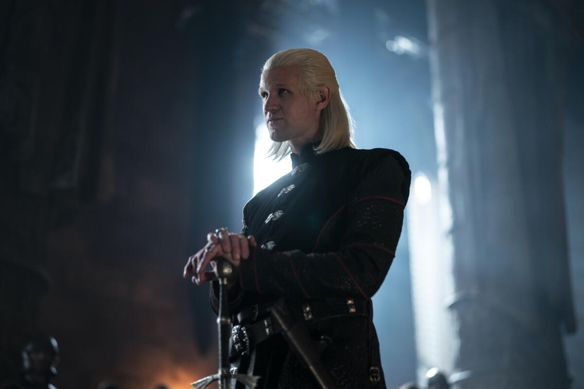 Matt Smith leans on his sword as Prince Daemon Targaryen in "House of the Dragon."