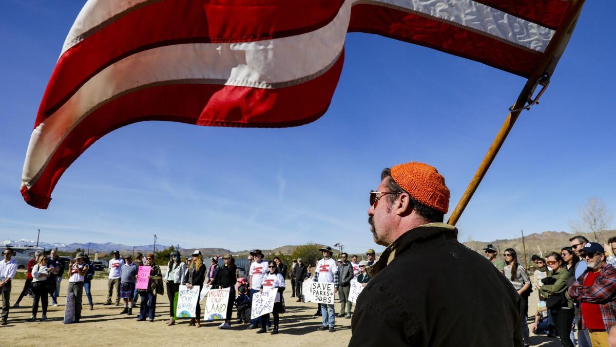 Scott Cutler, 53, at a rally held Saturday in Joshua Tree to protest the partial government shutdown and its effects on Joshua Tree National Park and the surrounding community.