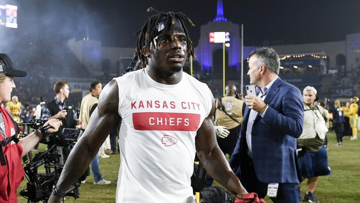 Kansas City Chiefs wide receiver Tyreek Hill walks off the field after a loss to the Rams at the Coliseum on Nov. 19.