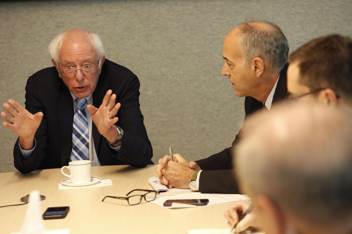 Democratic presidential candidate Sen. Bernie Sanders speakers to members of the L.A. Times Editorial Board on Dec. 21.
