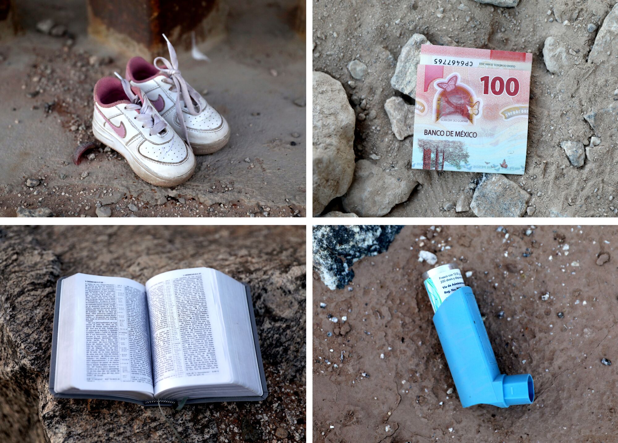 Combinaison de 4 images, dans le sens des aiguilles d'une montre à partir du haut à gauche : chaussures de bébé, pesos mexicains, inhalateur et Bible