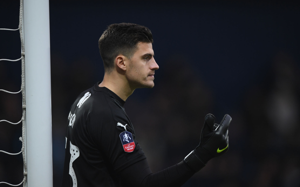 Jonathan Bond reacts during an FA Cup match between West Bromwich Albion and Wigan Athletic in January 2019.