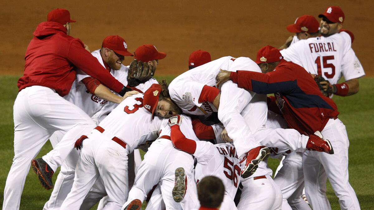 Cardinals players celebrate their victory over the Rangers in Game 7 of the 2011 World Series. The Cardinals and Rangers are the only teams to have played in a World Series Game 7 since the implementation of a rule giving the All-Star game winner home-field advantage in the World Series.