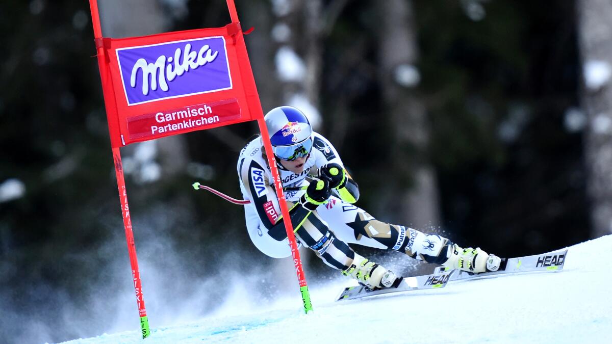 Lindsey Vonn makes a run during the super-G competition in Garmisch-Partenkirchen, Germany, on Sunday.