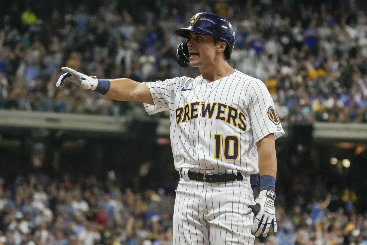 Milwaukee Brewers infielder Willy Adames reacts during an MLB game