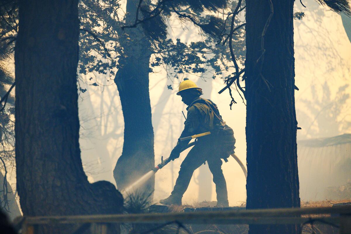 A firefighter douses hot spots after the Line fire engulfed a home on a tree-lined neighborhood in Running Springs.