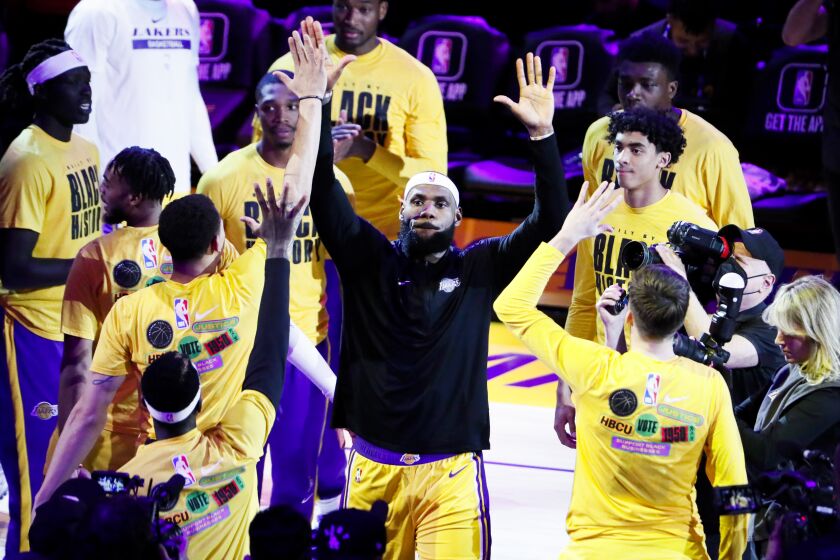 LOS ANGELES, CA - FEBRUARY 07: Los Angeles Lakers forward LeBron James (6) is introduced before the game.