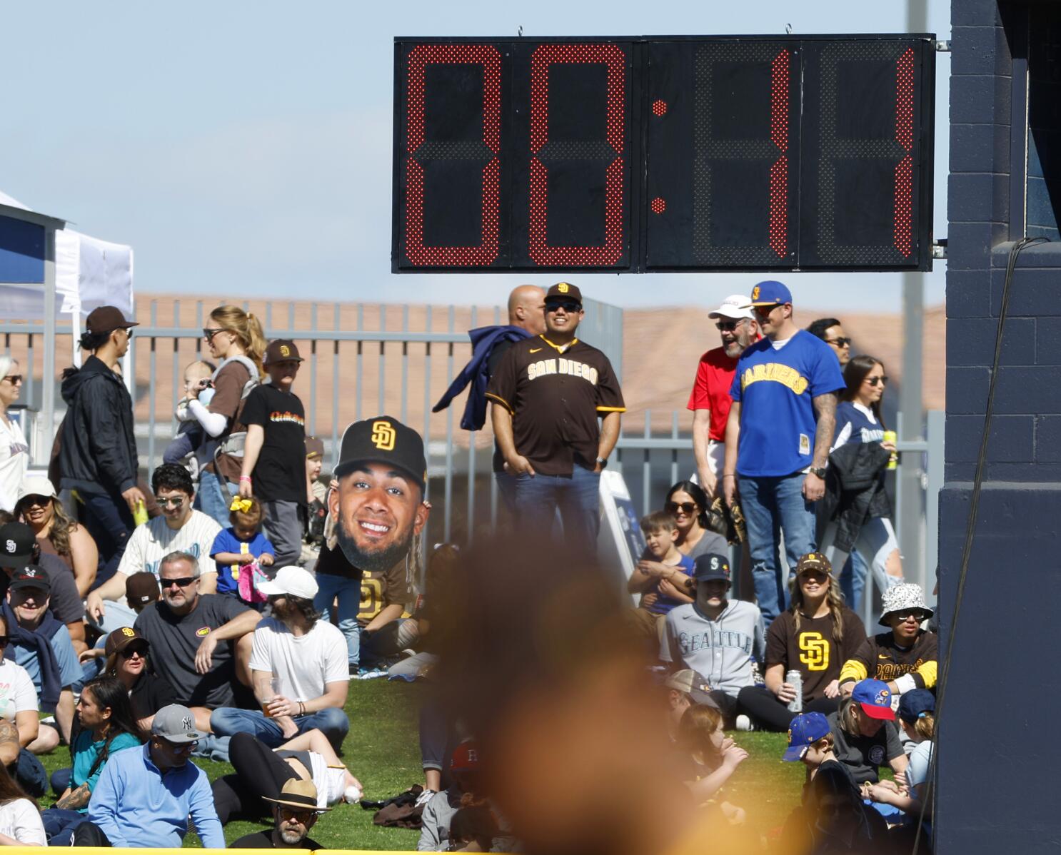 San Diego Padres' Manny Machado strikes out against the San Francisco  Giants during the second inning of a spring training baseball game,  Saturday, March 2, 2019, in Peoria, Ariz. (AP Photo/Matt York