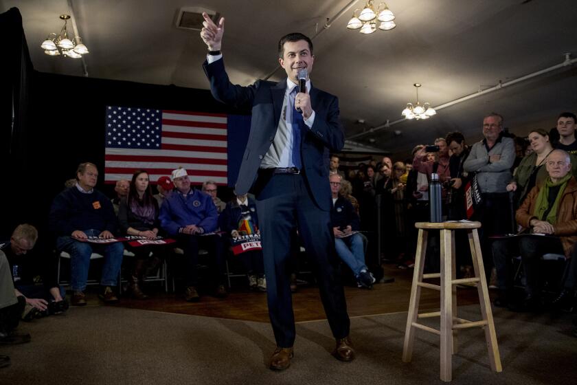 Democratic presidential candidate former South Bend, Ind., Mayor Pete Buttigieg speaks at a campaign stop at the Merrimack American Legion, Thursday, Feb. 6, 2020, in Merrimack, N.H. (AP Photo/Andrew Harnik)